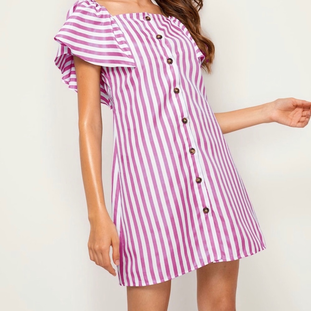 Striped Button Through Butterfly Sleeve Dress
